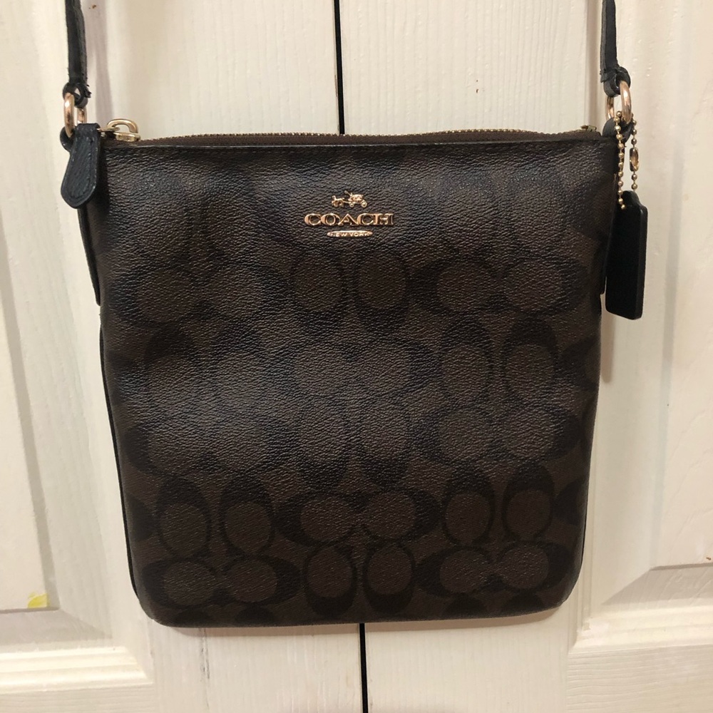 Coach Signature C Monogram Black Brown Leather Crossbody Purse Bag